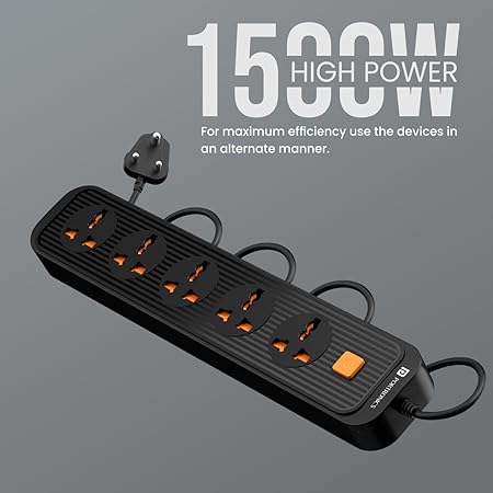 Portronics Power Plate 13 Multiplug Extension Board with 5 Power Sockets, 1500W, 2M Cord Length, Fire Proof Material, Short Circuit Protection (Black) - Image 3