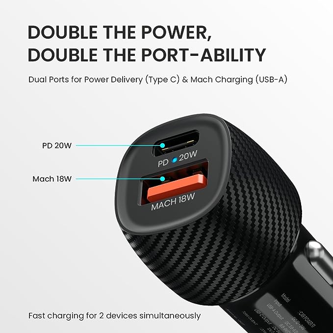 Portronics 20W Car Power 17 Car Charger Adapter with Dual Output (20W PD Type C Port + 18W USB A Mach 3.0 Port),Black - Image 2
