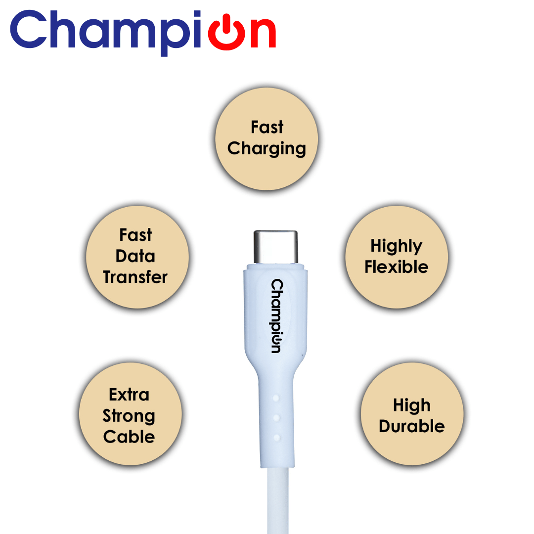 Champion SuperVOOC Type-C to C 65W Data Sync & Charging Cable PVC for all Apple & Type-C Port Devices (White) - Image 2