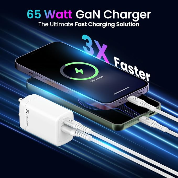 Portronics Adapto 65X 65W GaN PD Fast Charger | Dual Ports, 100W Type-C to Type-C Cable, Compatible with Laptop, MacBook, iPhone 8+, Tablet (White) - Image 2