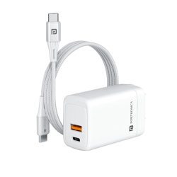 Front Portronics Adapto 65X 65W GaN PD Fast Charger | Dual Ports, 100W Type-C to Type-C Cable, Compatible with Laptop, MacBook, iPhone 8+, Tablet (White)