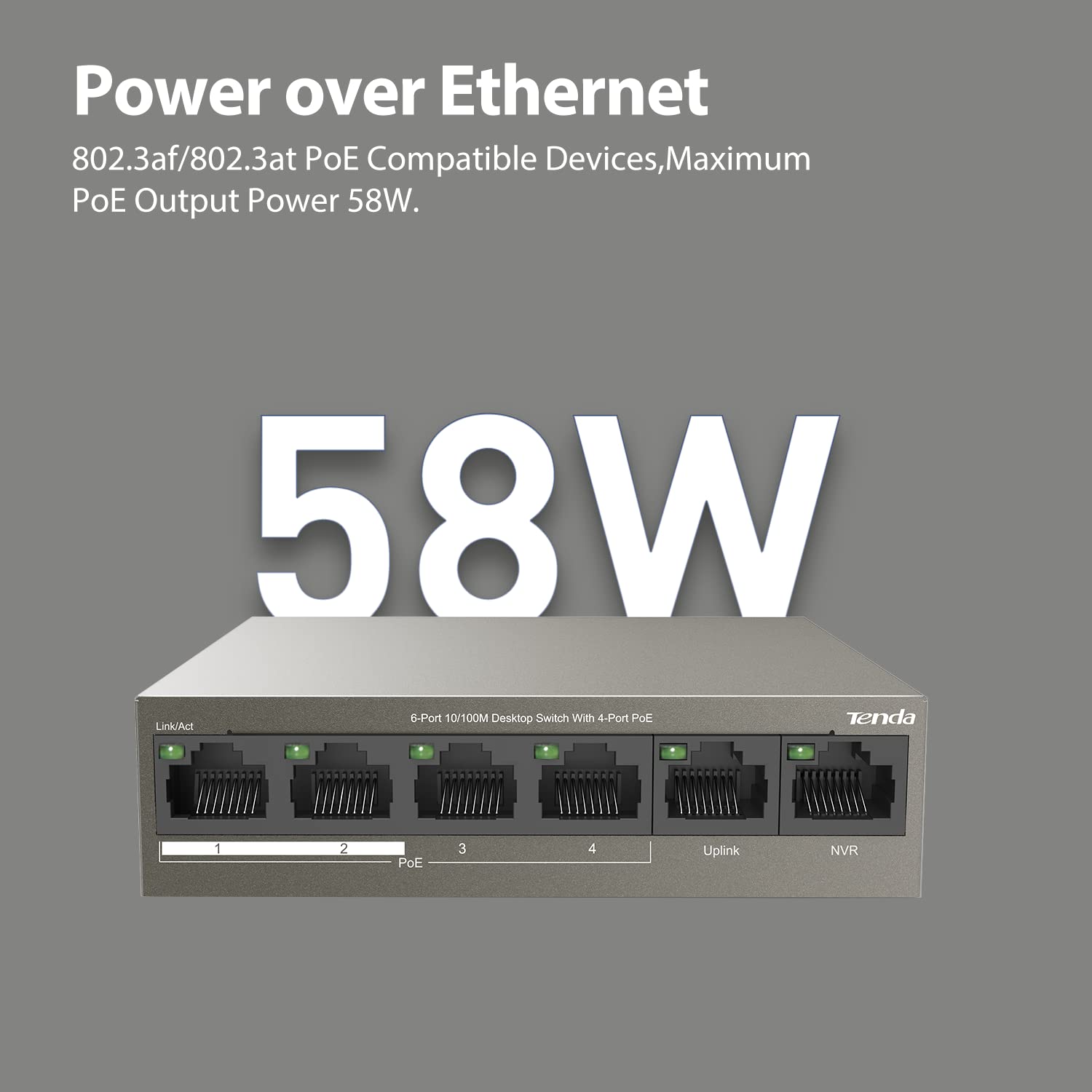 Tenda TEF1106P -63W ,6 Port Fast Ethernet Switch| Dual Uplink | Lightning Protection (Grey) - Image 2