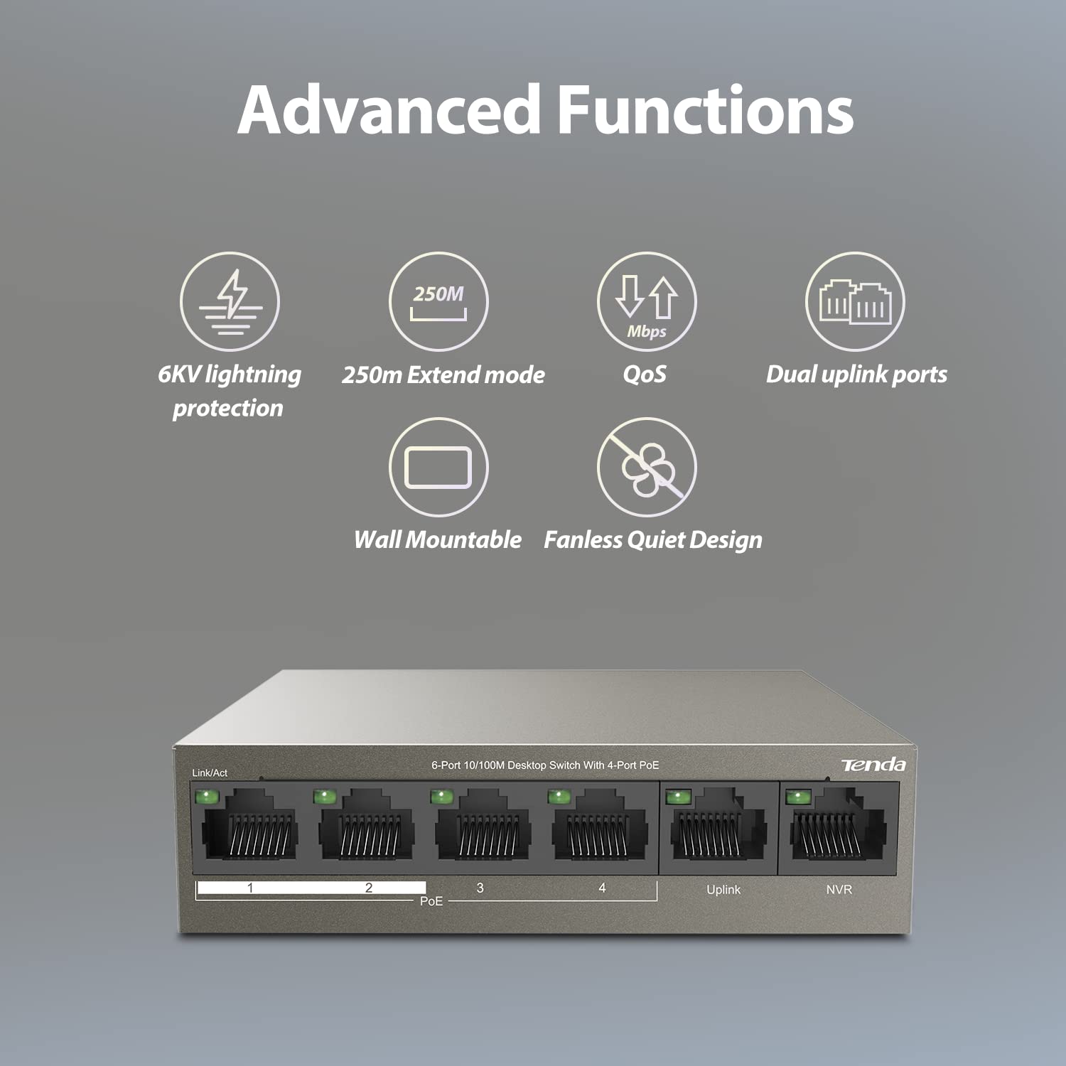 Tenda TEF1106P -63W ,6 Port Fast Ethernet Switch| Dual Uplink | Lightning Protection (Grey) - Image 3