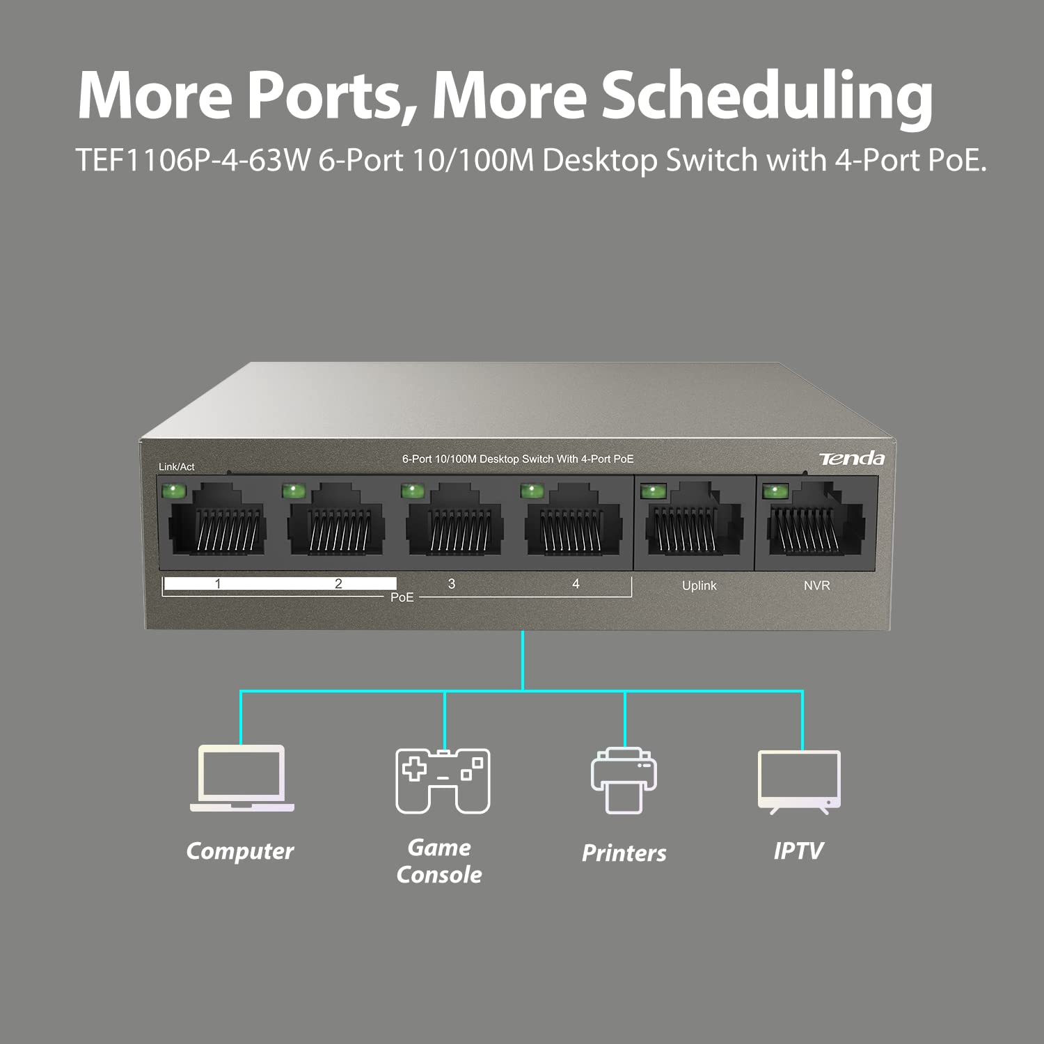 Tenda TEF1106P -63W ,6 Port Fast Ethernet Switch| Dual Uplink | Lightning Protection (Grey) - Image 4