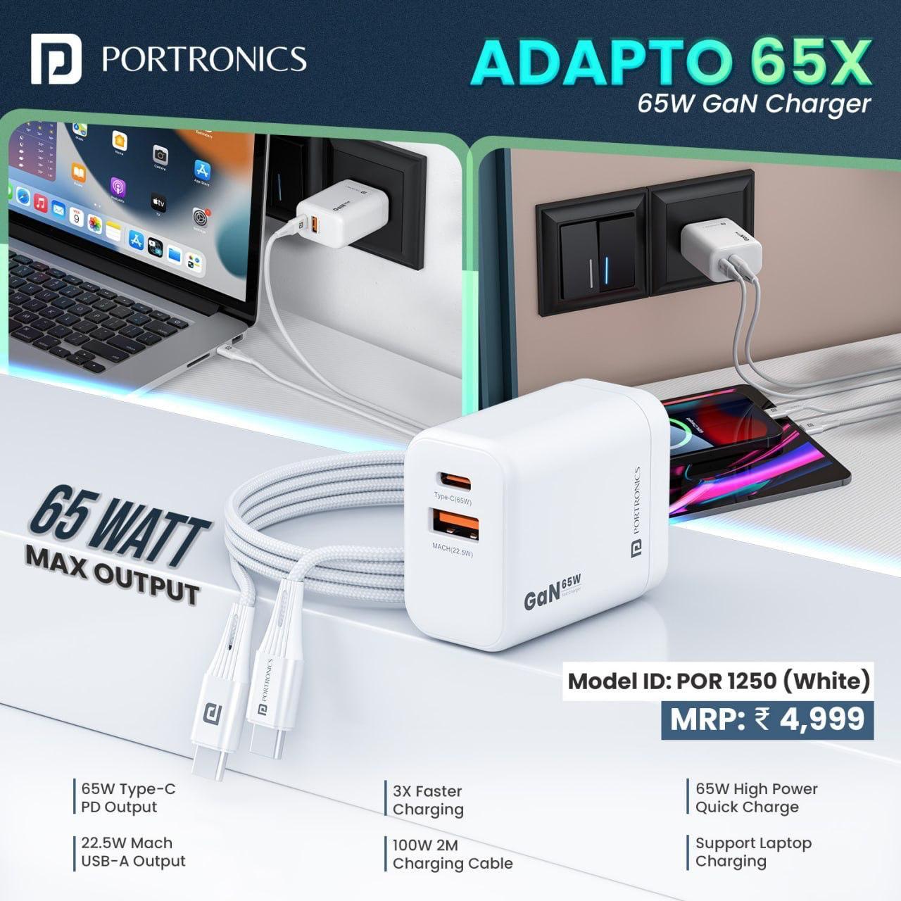 Portronics Adapto 65X 65W GaN PD Fast Charger | Dual Ports, 100W Type-C to Type-C Cable, Compatible with Laptop, MacBook, iPhone 8+, Tablet (White) - Image 4