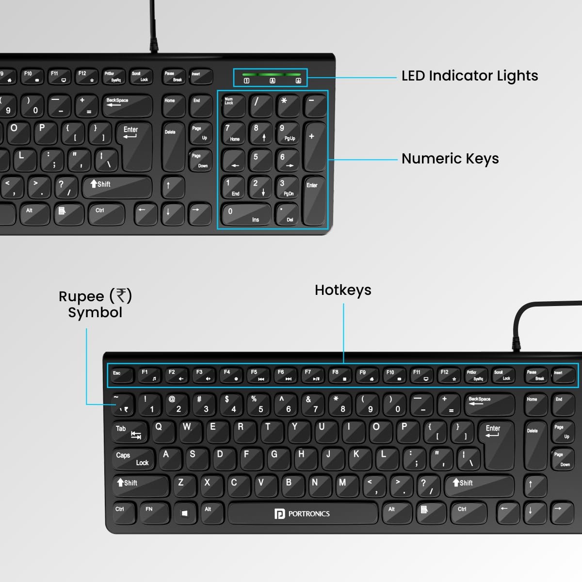 Portronics Ki-Pad 2 USB Wired Keyboard with 104 Keys, Dual Color Chicklet Keys,1.5 m Long Cable, for PC Laptop & USB-Supported Devices (Black) - Image 5