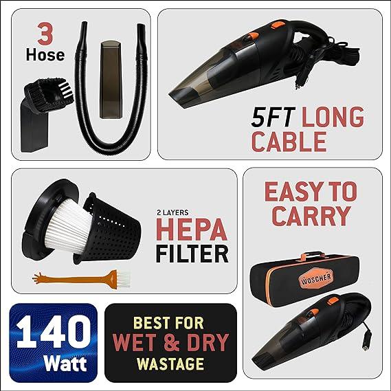 WOSCHER 2003 High Power Auto Car Vacuum Cleaner for Deep Cleaning with DC 12V, 140W Vacuum Motor & 5000 PA Powerful Suction (Black) - Image 3