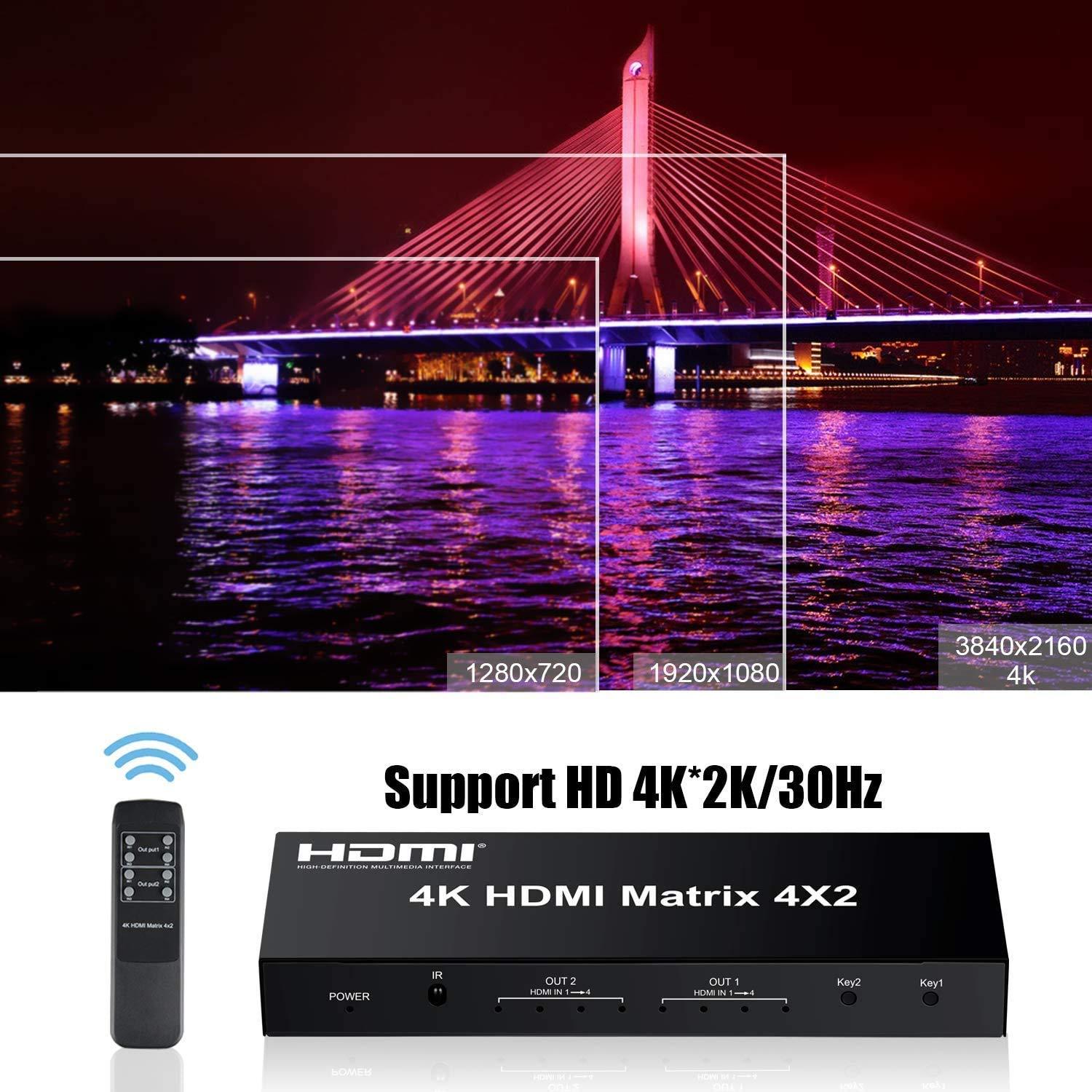 HDMI Matrix 4x2 Switch, 4 in 2 Out Matrix HDMI Video Switcher Splitter +Optical & L/R Audio Output,Support Ultra HD 4K x 2K,3D 1080P,Audio EDID Extractor with IR Remote Control & Power Adapter - Image 7