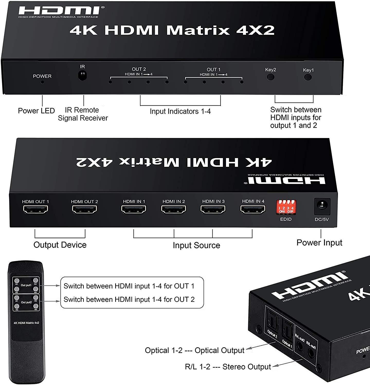 HDMI Matrix 4x2 Switch, 4 in 2 Out Matrix HDMI Video Switcher Splitter +Optical & L/R Audio Output,Support Ultra HD 4K x 2K,3D 1080P,Audio EDID Extractor with IR Remote Control & Power Adapter - Image 4