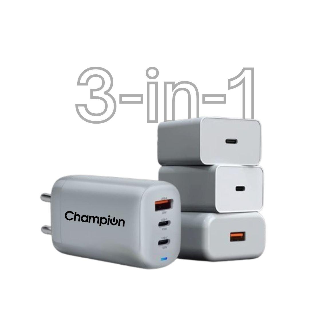 Champion 25W Wall Charger (USB+Type-C+Type-C) Supports PPS/Warp/Dash/SuperVooc Charging (White) - Image 3