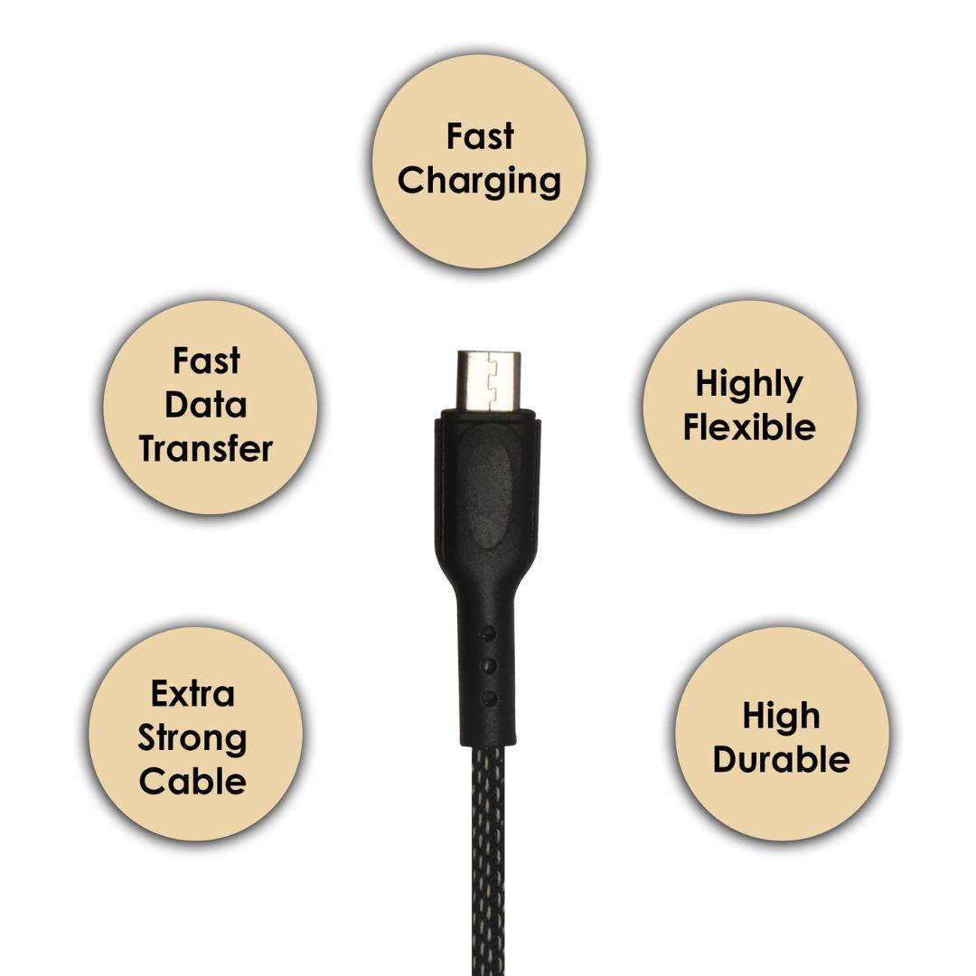 Champion Micro USB 3Amp Data Sync & Charging Cable Fishnet 1M for all Android & Micro USB Devices (Black) - Image 2