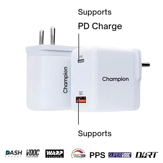 Champion 25W PD Wall Charger/Adapter with Dual Output (USB + Type C) Supports PPS/Warp/Dash/SuperVooc Charging Via USB Port & PD Charge Via Type-C for iPhone & Android Devices (White) - Image 2