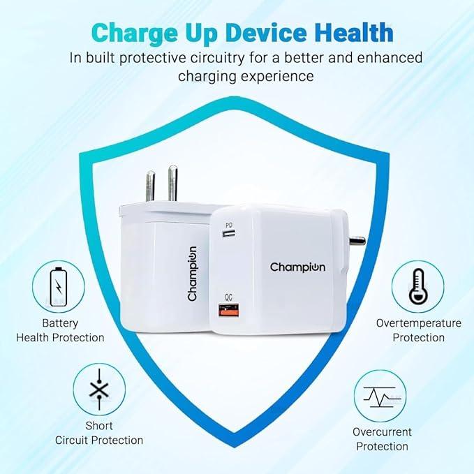 Champion 25W PD Wall Charger/Adapter with Dual Output (USB + Type C) Supports PPS/Warp/Dash/SuperVooc Charging Via USB Port & PD Charge Via Type-C for iPhone & Android Devices (White) - Image 5