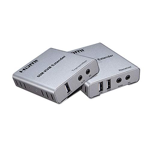 HDMI Extender 60m with KVM Audio Output IR Control Support USB Mouse and Keyboard Extension Over cat5e cat6 Cable, Supports IR 1080p Resolution for TV Projector, HDTV, DVR