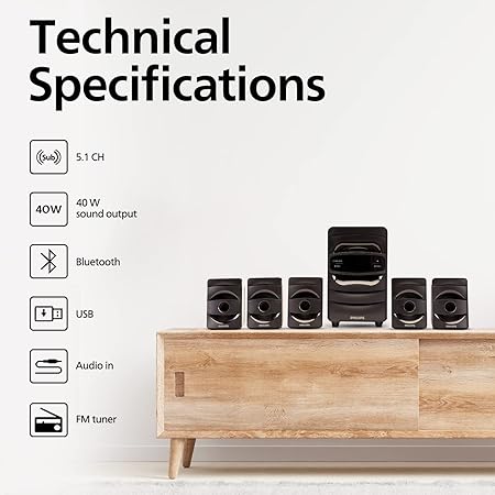 Philips SPA5128B 5.1 CH 40W Bluetooth Speakers, Black - Image 2