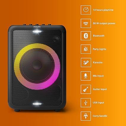 Philips Audio TAX3206 80 W Bluetooth Party Speaker with 14 Hours Play Time, Karaoke Features, Guitar and Mic Input, Party Lights and Carry Handle - Black - Image 2