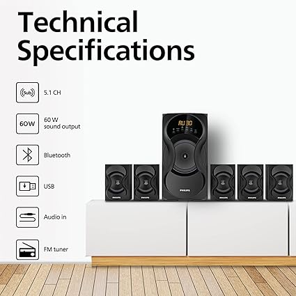 Philips SPA5162B 60W 5.1 Channel Wired Speaker System, Black - Image 2
