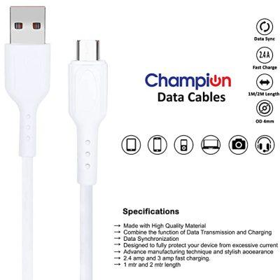 Champion USB to Type-C 3Amp Data Sync & Charging Cable PVC for all Android & USB Type-C Devices (Pack Of 20 Pcs) - Image 3