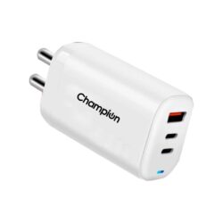 41Wzk9YT7zL Champion 25W Wall Charger/Adapter with Triple Output (USB + Type-C + Type-C) Supports PPS/Warp/Dash/SuperVooc Charging Via USB Port & Fast Charging Via Type-C for iPhone & Android Devices (White)