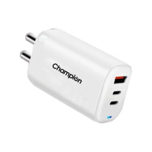 Champion 25W Wall Charger/Adapter with Triple Output (USB + Type-C + Type-C) Supports PPS/Warp/Dash/SuperVooc Charging Via USB Port & Fast Charging Via Type-C for iPhone & Android Devices (White)