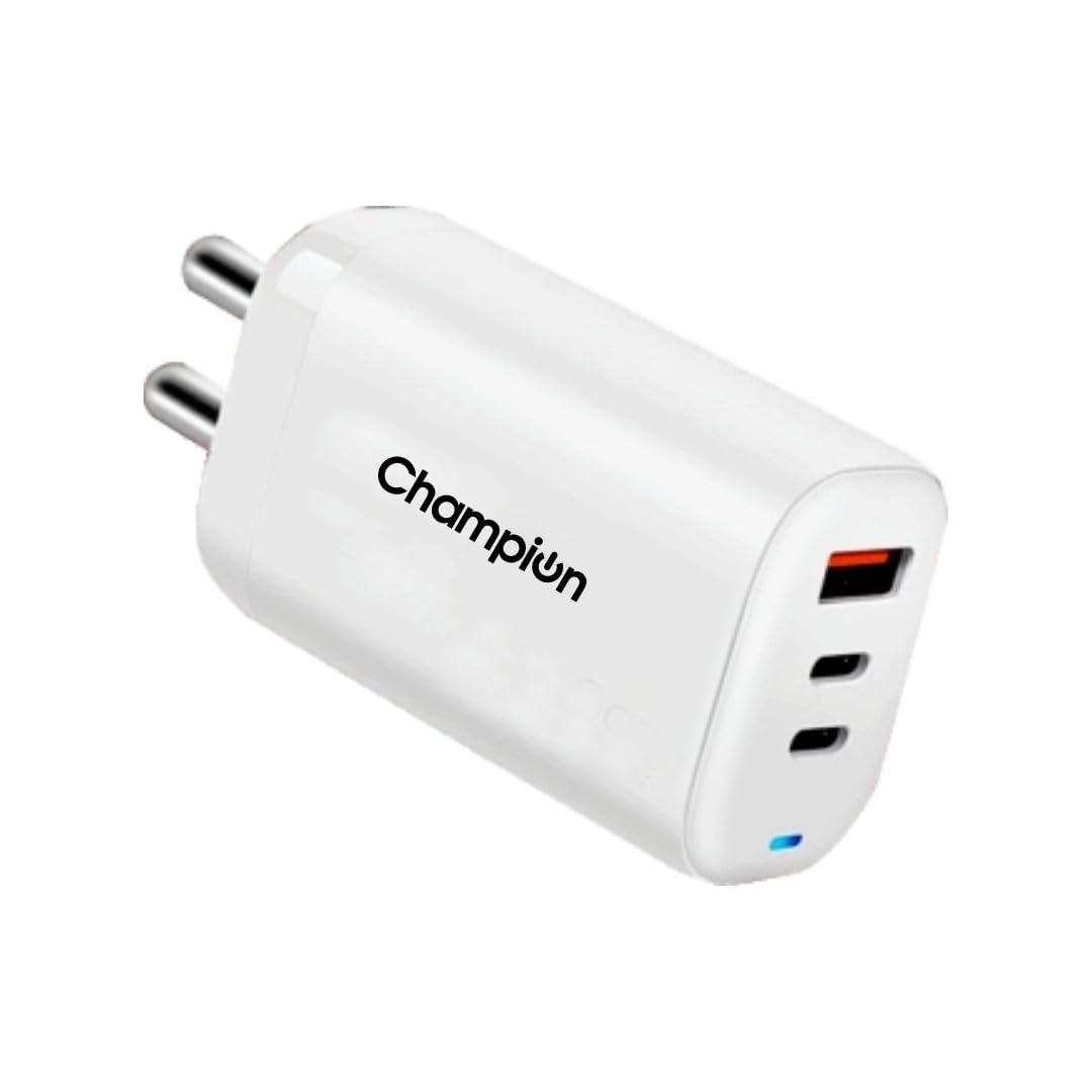 Champion 25W Wall Charger/Adapter with Triple Output (USB + Type-C + Type-C) Supports PPS/Warp/Dash/SuperVooc Charging Via USB Port & Fast Charging Via Type-C for iPhone & Android Devices (White)