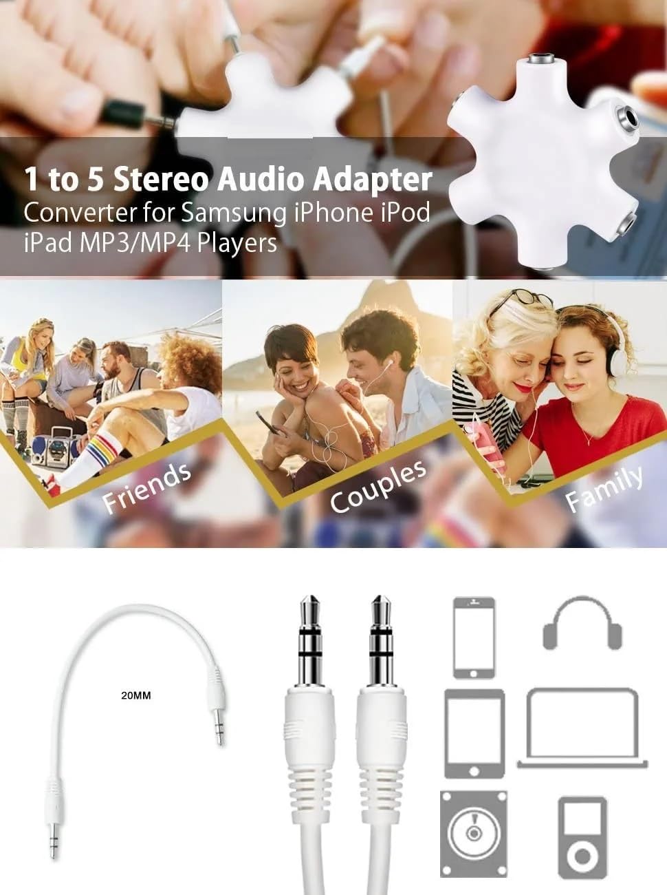 Audio Splitter 1X5 Hexagon Earphone Adaptor with 3.5mm cable Compatible with iOS & Android - Image 4