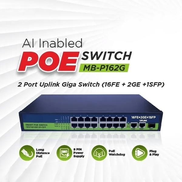 PoE Ethernet Switch Ai Poe (16Fe+2Ge+2 Sfp) Over Ethernet Switch 2 Port Uplink Giga, 802.3Af/At Poe+100MB-ps, 300W BuiltIn Power, Extend To 250Meter, Unmanaged Metal Plug And Play - Image 2