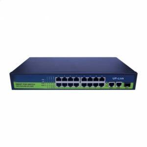 PoE Ethernet Switch Ai Poe (16Fe+2Ge+2 Sfp) Over Ethernet Switch 2 Port Uplink Giga, 802.3Af/At Poe+100MB-ps, 300W BuiltIn Power, Extend To 250Meter, Unmanaged Metal Plug And Play