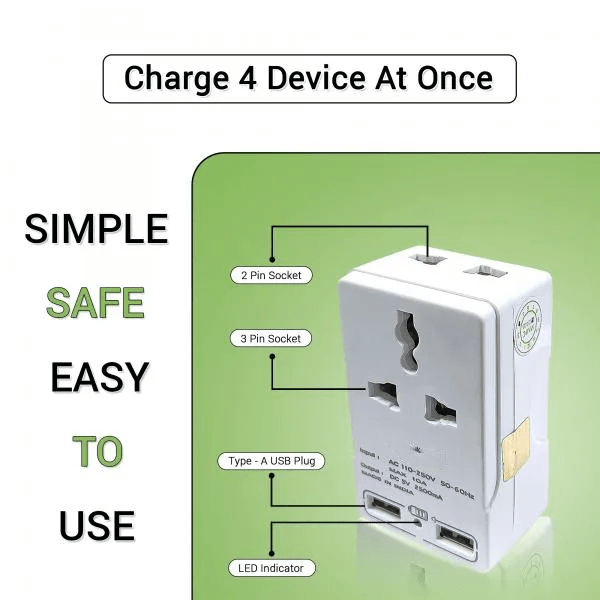 Spike 2+2 Mulktipurpose Conversion Plug | 10 Amp Socket With USB port | Heavy Duty Multi Plug Extension Cord for Office, Home - Image 3