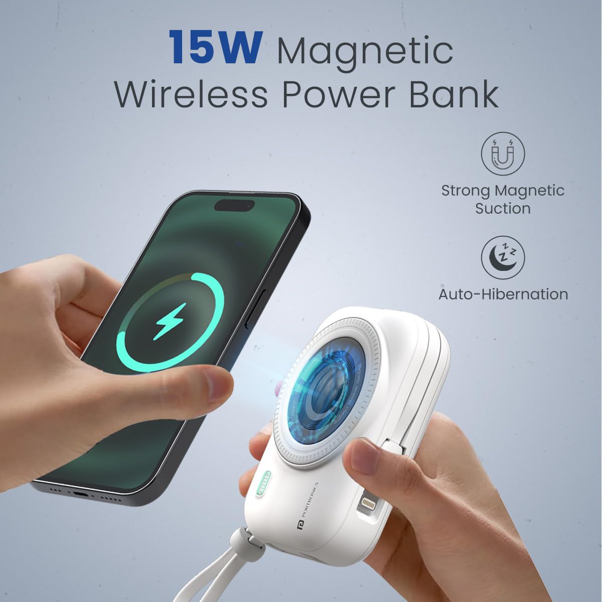 Portronics Power Shutter 15W Wireless Magnetic Power Bank, 22.5W PD, Type-C & 8-Pin Cable, LED Display - Image 3