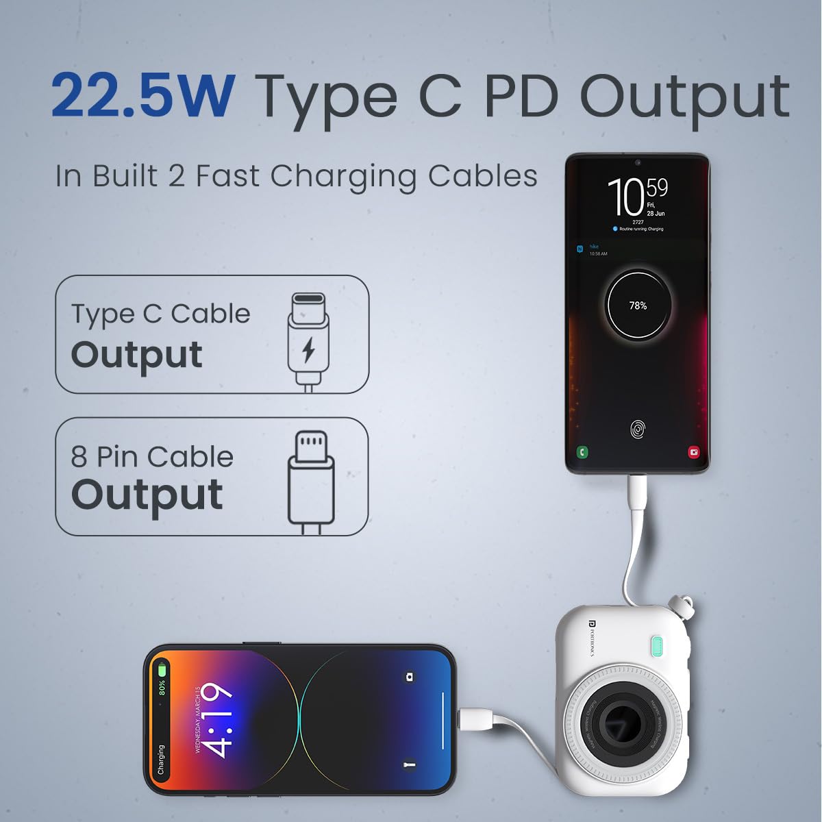 Portronics Power Shutter 15W Wireless Magnetic Power Bank, 22.5W PD, Type-C & 8-Pin Cable, LED Display - Image 2